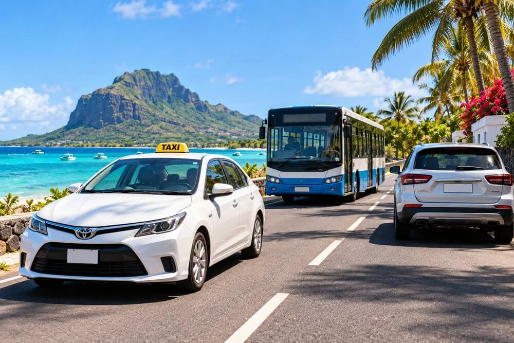 Samochód taxi przy palmowej drodze na Mauritiusie