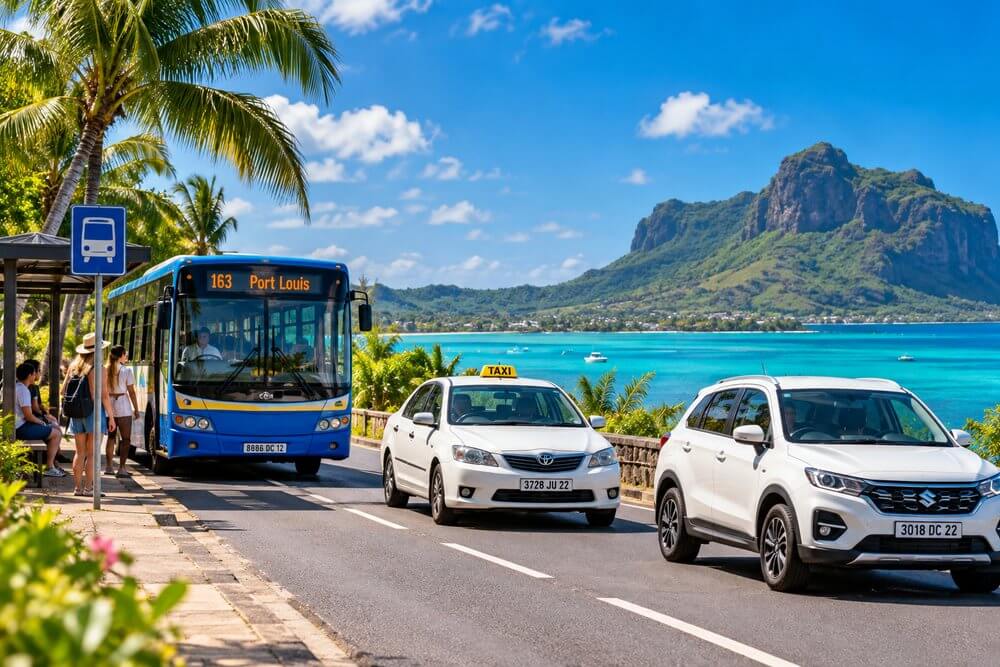 Lokalny autobus przy przystanku na Mauritiusie w słoneczny dzień