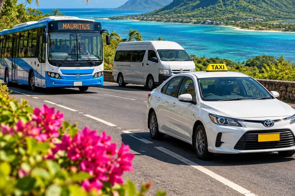 Biały minibus na drodze wzdłuż laguny na Mauritiusie