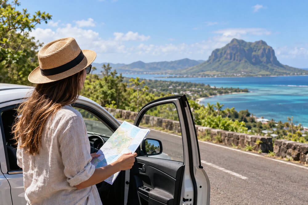 Turystka z mapą przy wynajętym samochodzie na Mauritiusie
