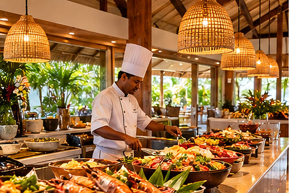 Bufet obiadowy w restauracji resortowej z widokiem na lagunę Mauritiusu