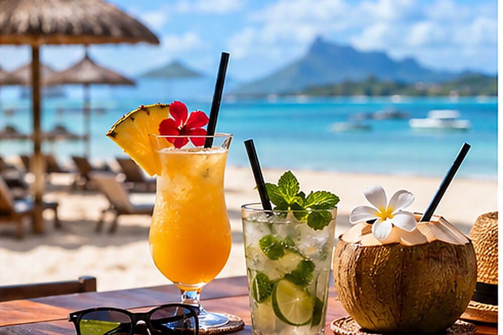 Koktajle i napoje bezalkoholowe przy barze hotelowym na Mauritiusie