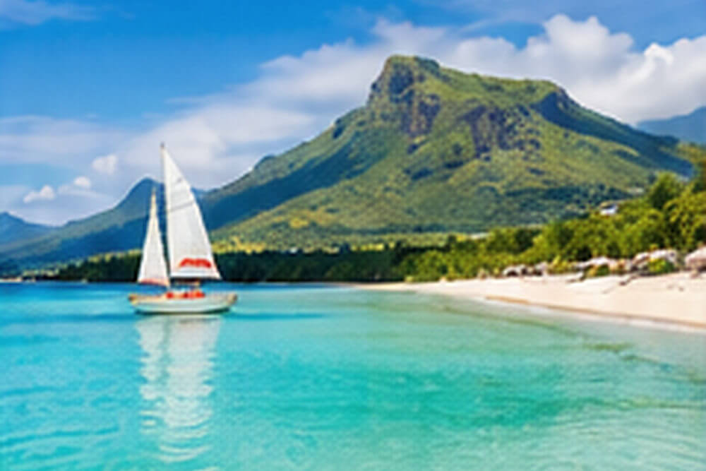 Żaglówka na turkusowej lagunie w pobliżu plaży na Mauritiusie