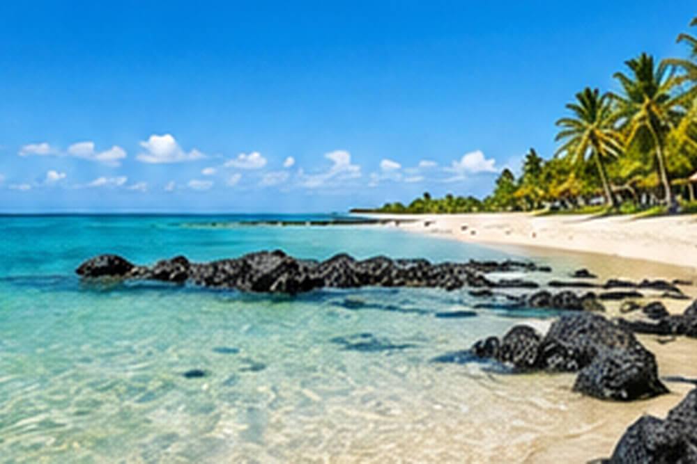 Piaszczysta plaża z palmami i falami na Mauritiusie