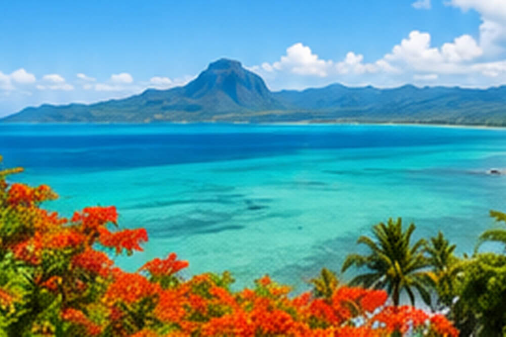 Panorama turkusowej zatoki i gór na Mauritiusie