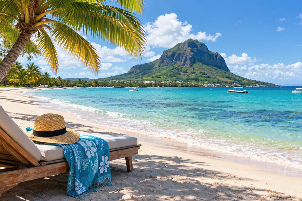 Leżak z kapeluszem i ręcznikiem przy plaży na Mauritiusie