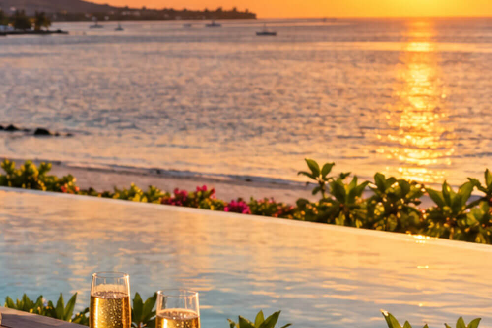 Tropikalna laguna i nadmorski resort na Mauritiusie w wieczornym świetle