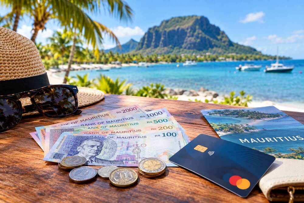 Banknoty rupii maurytyjskich i karta płatnicza przy lagunie