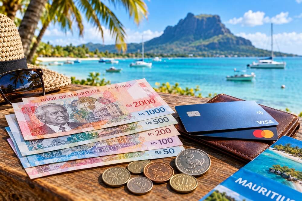 Portfel i karty płatnicze obok gotówki na Mauritiusie