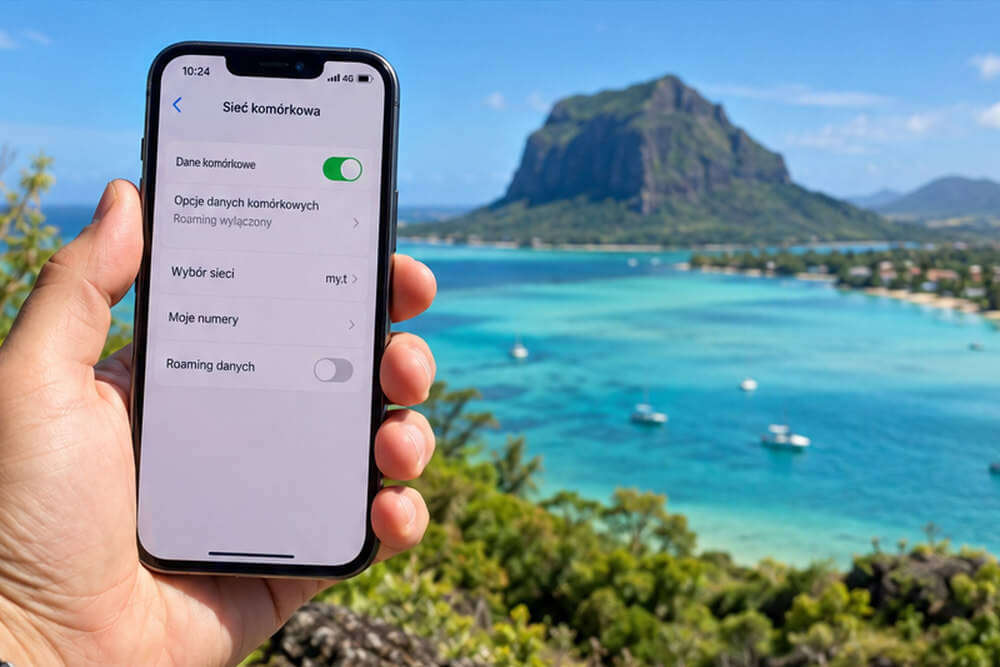Telefon z ustawieniami sieci komórkowej nad laguną Mauritiusa