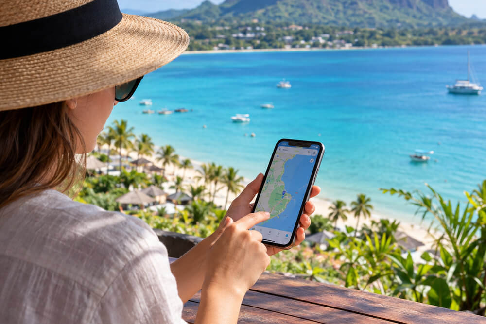 Turystka korzysta z mapy w telefonie nad zatoką Mauritiusa