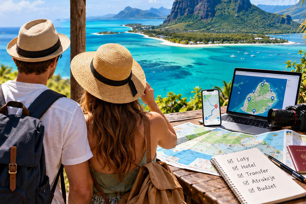 Podróżnicy przy laptopie z mapą i planem zwiedzania Mauritiusa