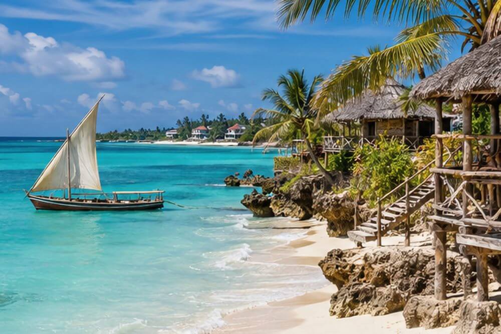Płytka turkusowa laguna z łodzią dhow na Zanzibarze