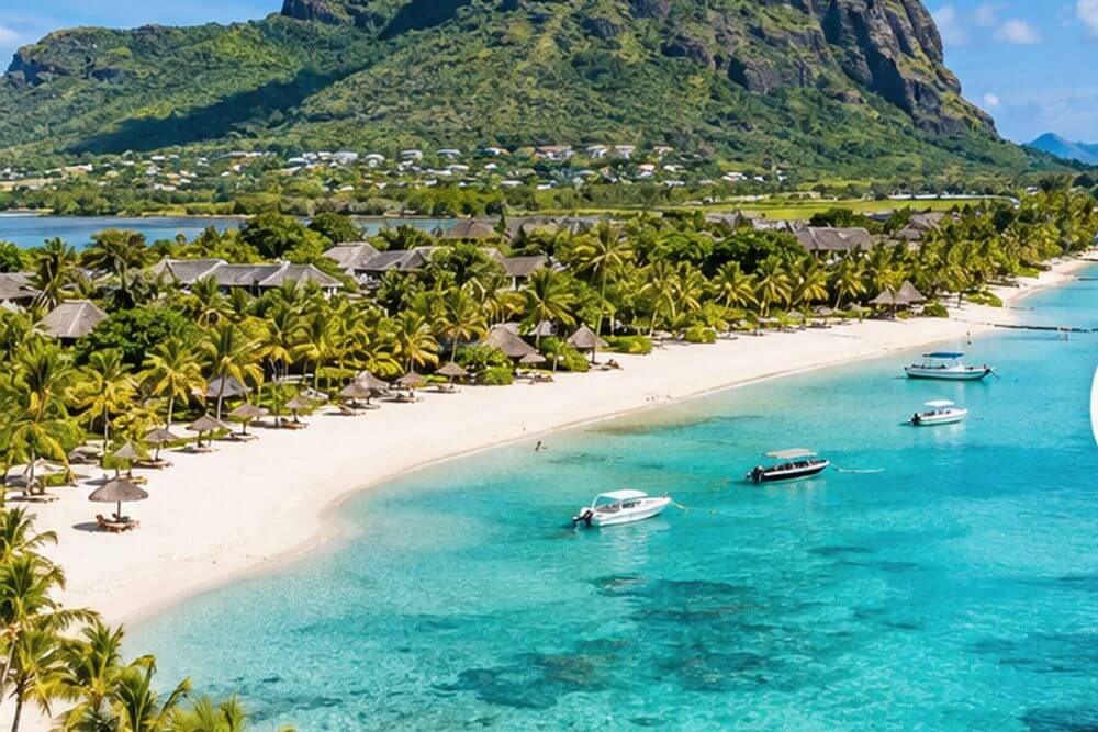 Palmy i zabudowa hotelowa przy lagunie na Mauritiusie