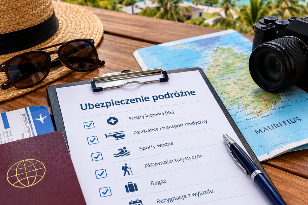 Dokument ubezpieczenia z zaznaczoną ochroną sportów wodnych na Mauritiusie