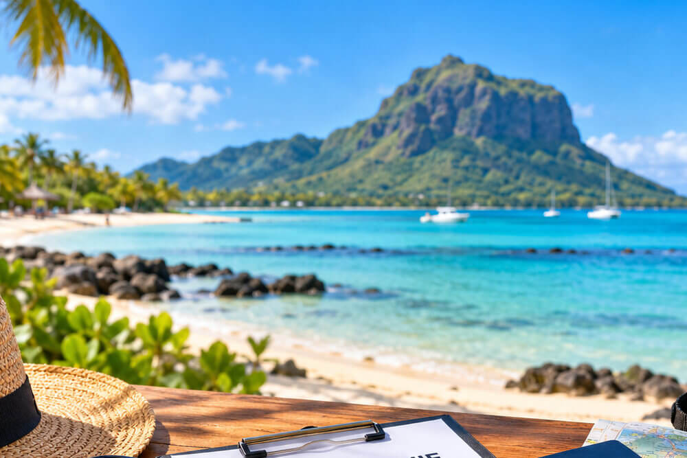 Górski masyw nad turkusową laguną na Mauritiusie