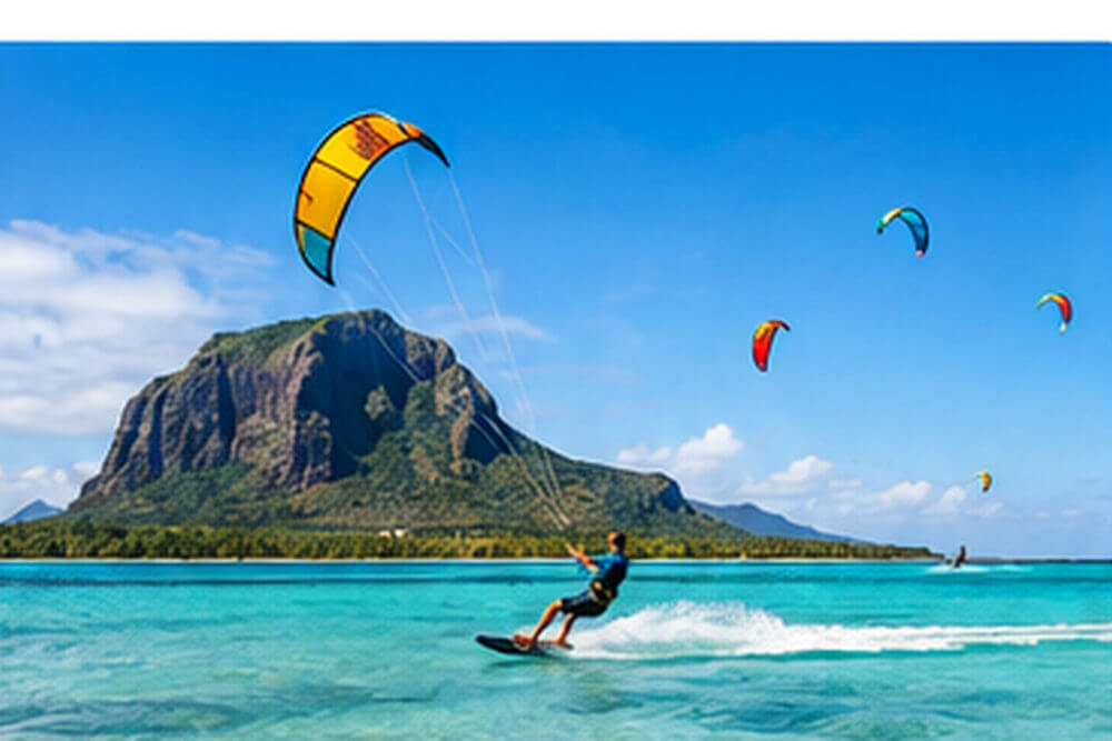 Barwny latawiec kitesurfingowy nad brzegiem laguny Le Morne