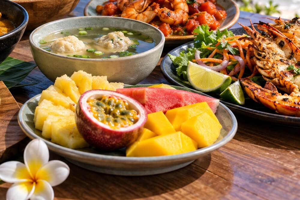 Talerz mango ananasa i marakui podany z innymi potrawami
