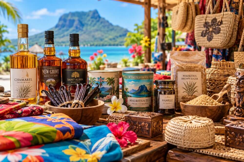 Kolorowe stoisko z herbatą, przyprawami i pamiątkami na Mauritiusie