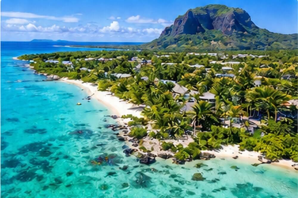 Wybrzeże z laguną i zabudową resortową na Mauritiusie