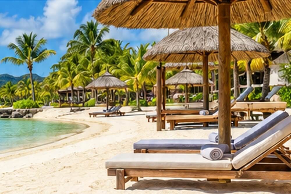 Piaszczysta plaża przy hotelowej lagunie na Mauritiusie