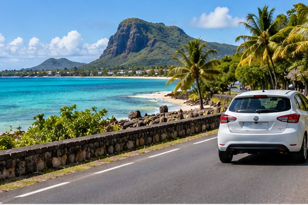 Samochód na nadmorskiej drodze na Mauritiusie
