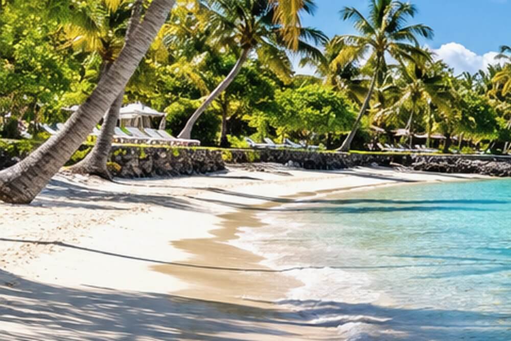 Długi piaszczysty brzeg Belle Mare na wschodnim wybrzeżu Mauritiusa